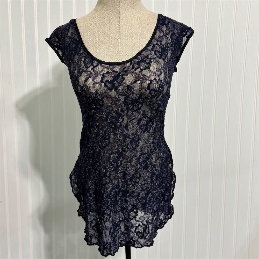 VTG 90s Bonjour Black Sheer Lace‎ Cap Sleeve Top Camisole Lingerie Made in USA S
